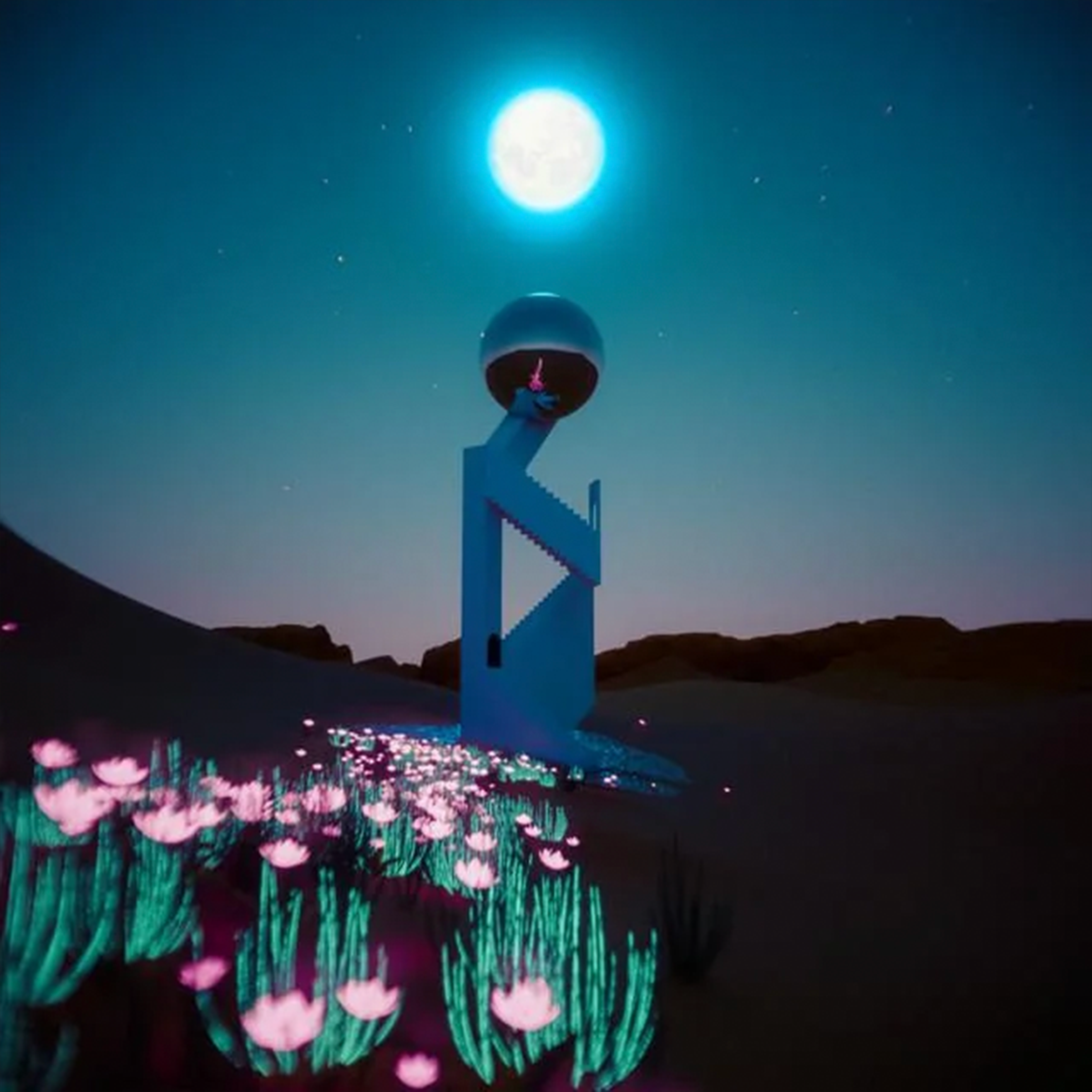 The cover of Arrows In Actions' "I Think I've Been Here Before" depicting a desert scene with a silvery sculpture in the background under the moon