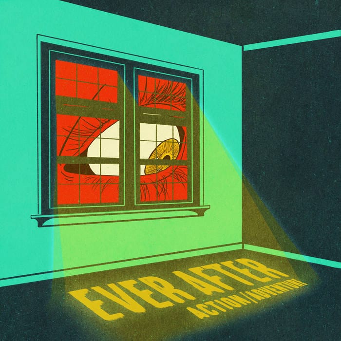 The cover of "Ever After" by Action/Adventure, depicting an empty green room with a large eye on red skin looking in the window, with the artist and album name shown on the floor as light coming through the window