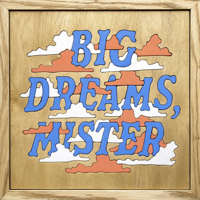 The cover of Good Luck's "Big Dreams, Mister" depicting a framed woodcut of the title with clouds around it