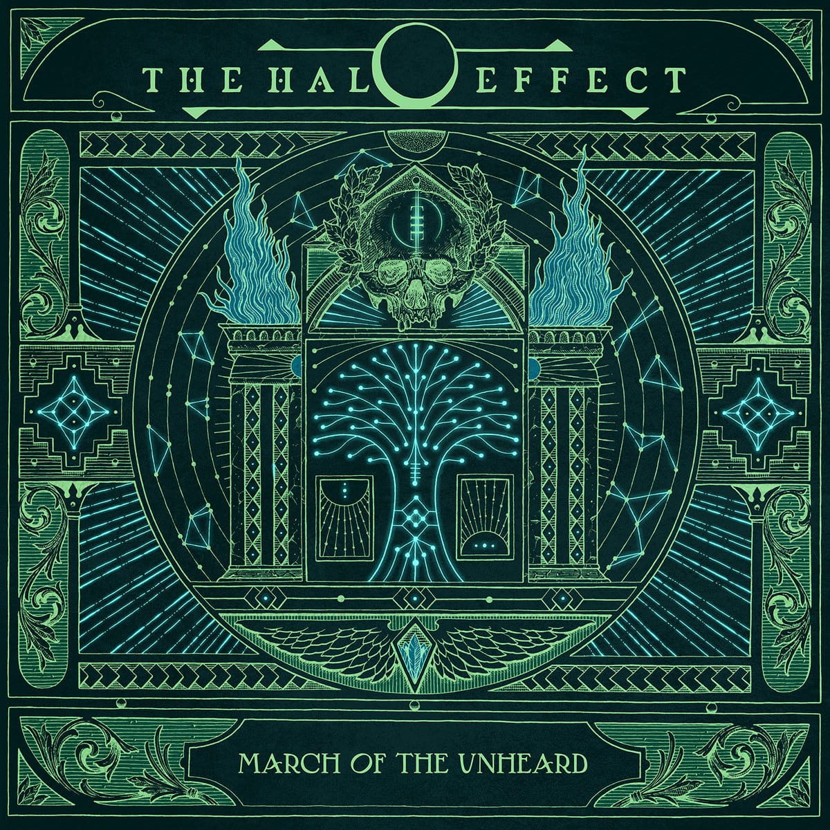 The cover of The Halo Effect's "March of the Unheard" depicting a complex illustration with a skull wearing a wreath, surrounded by pillars on fire and abstract illustrations