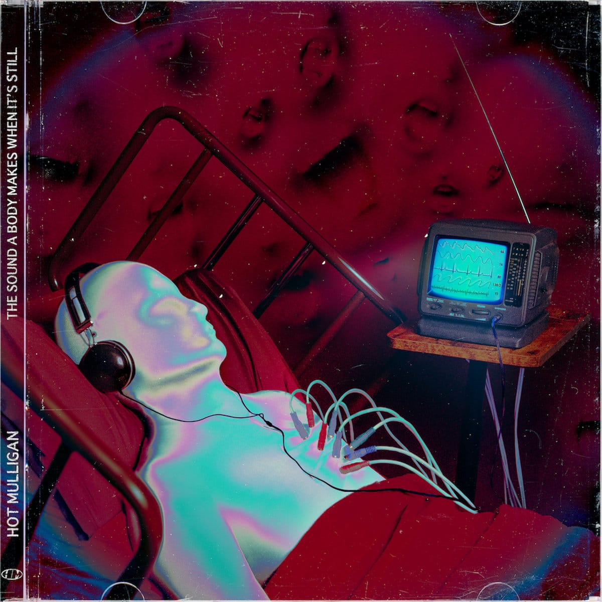 The cover of Hot Mulligan's "The Sound A Body Makes When It's Still" depicting a formless person with headphones lying in a hospital bed hooked up to a monitor, with a background of screaming mouths, all styled like it's in a CD jewel case