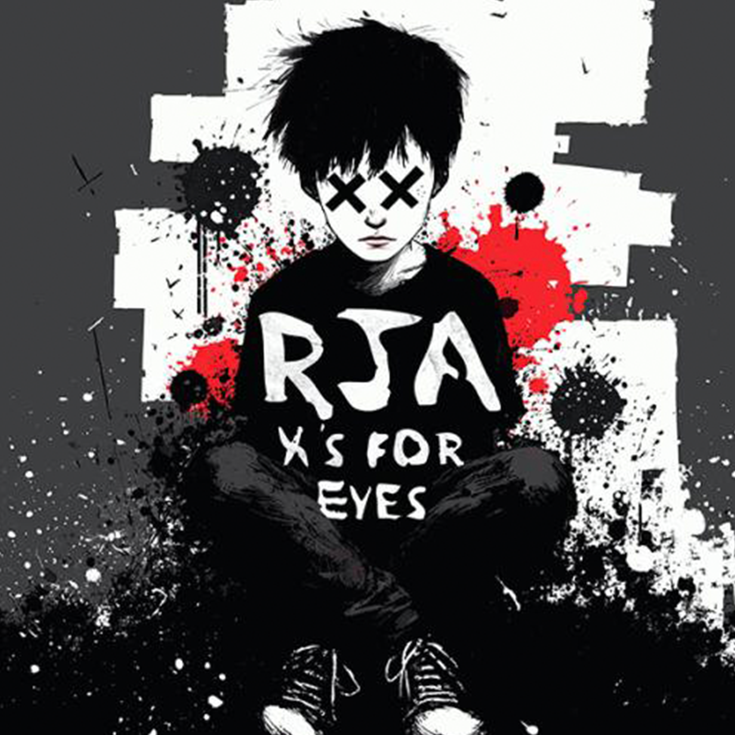 The cover of Red Jumpsuit Apparatus' "X's For Eyes" depicting a teenage kid in Converse sitting cross-legged with X's over his eyes