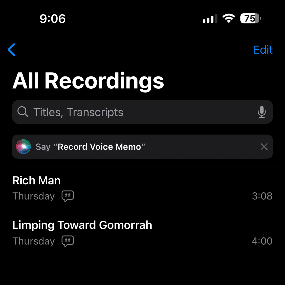 A screenshot of the Voice Memos iOS app with two song titles displayed: "RIch Man" and "Limping Toward Gomorrah"