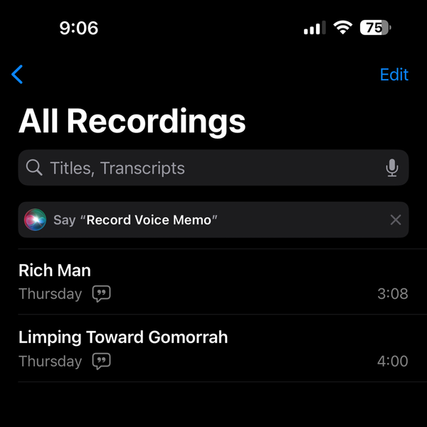 A screenshot of the Voice Memos iOS app with two song titles displayed: "RIch Man" and "Limping Toward Gomorrah"
